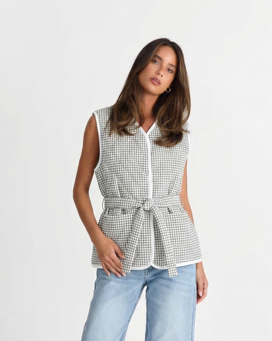 Margot | Plaid Sleeveless Button Down Vest Top White Tie Front