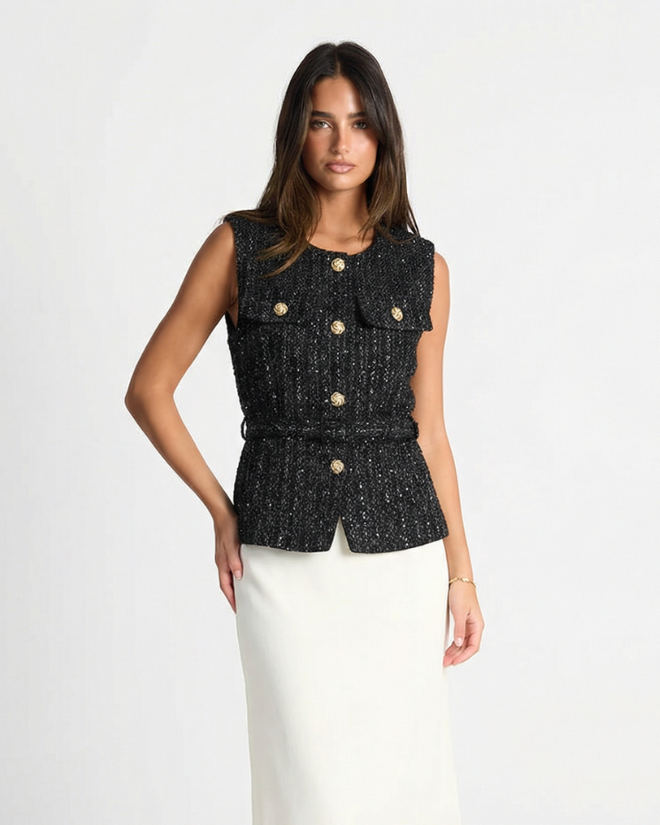 Mara | Tweed Button Front Vest Black Gold Accents