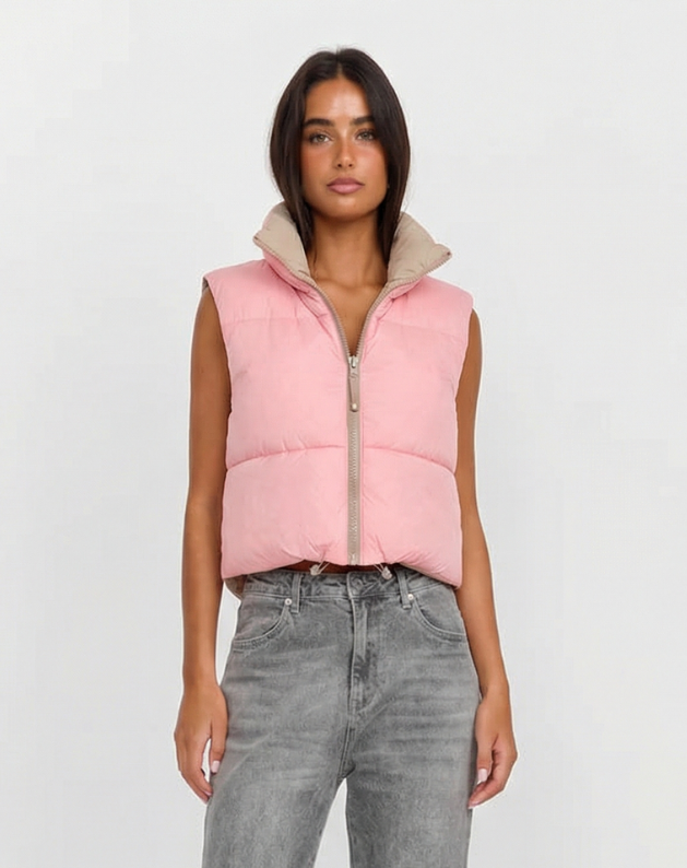 Vera | Quilted Puffer Vest Pink Reversible Sherpa Collar