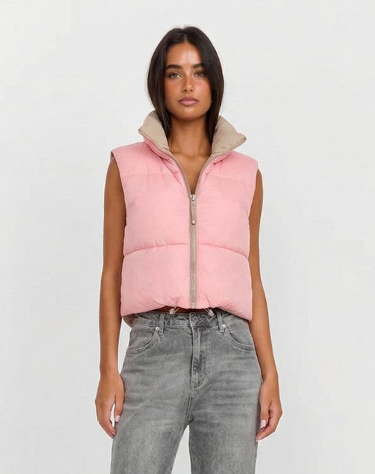 Vera | Quilted Puffer Vest Pink Reversible Sherpa Collar