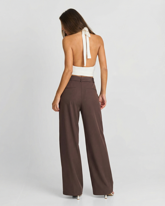 Thea | Pleated Wide Leg Trousers Brown Belted