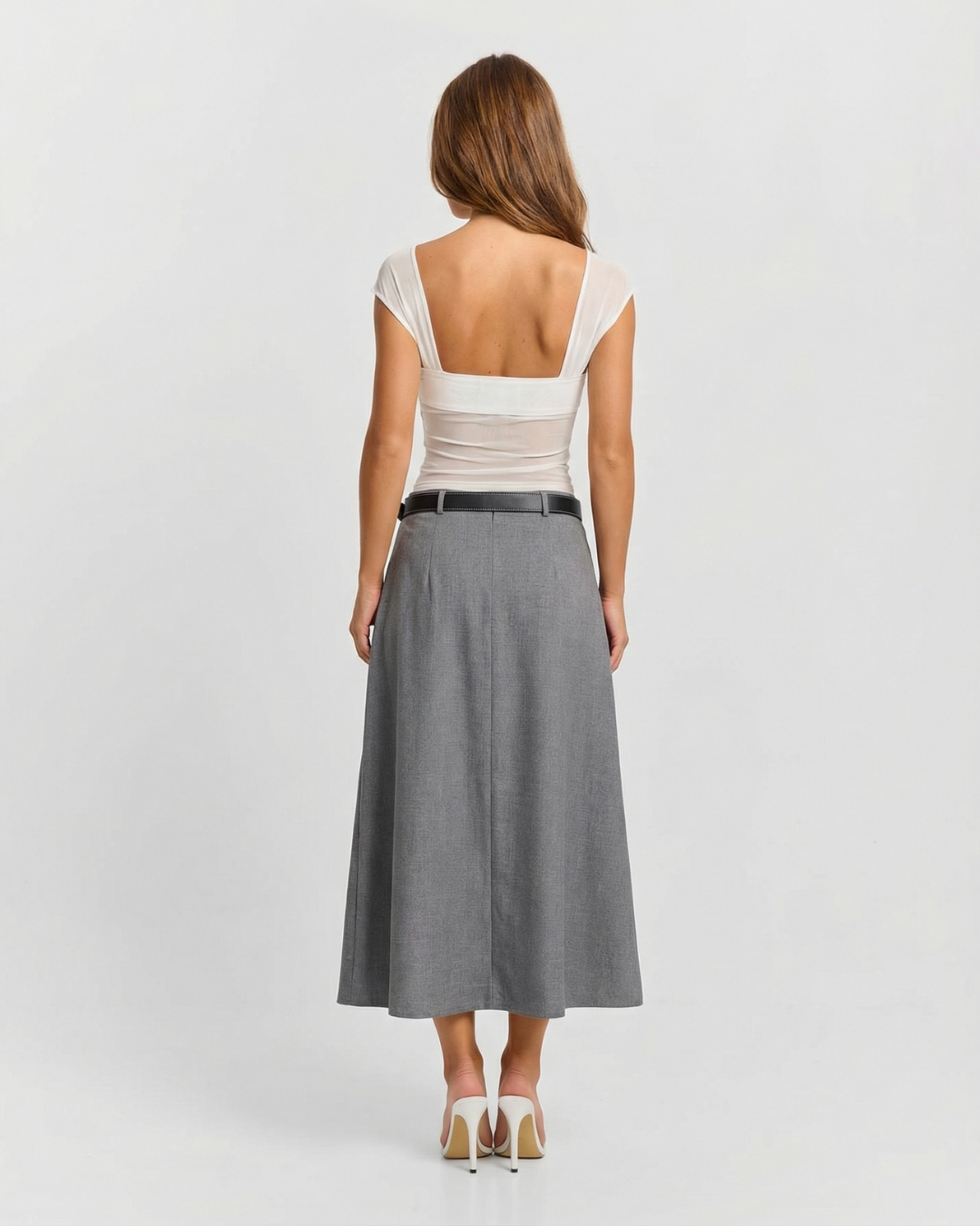 Nola | Pleated Midi Skirt Gray High Waisted A Line