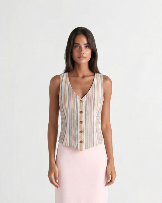 Sia | Summer Striped Linen Vest Top Cream Sleeveless Button Front