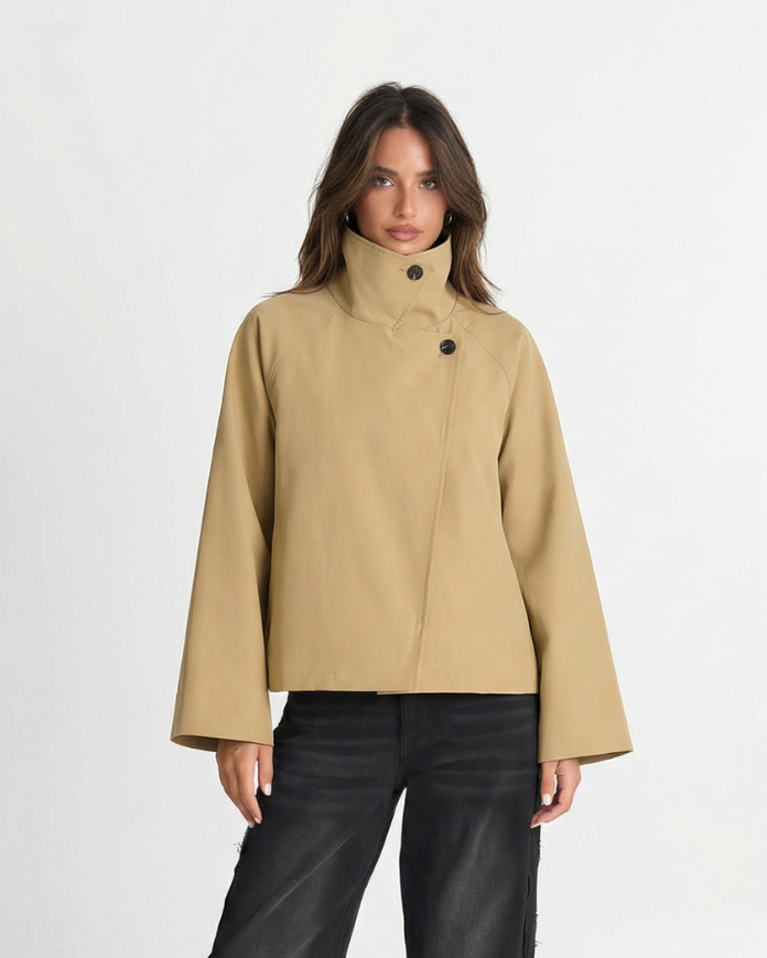 Thea | Cropped Lightweight Jacket Beige Funnel Neck Button Front