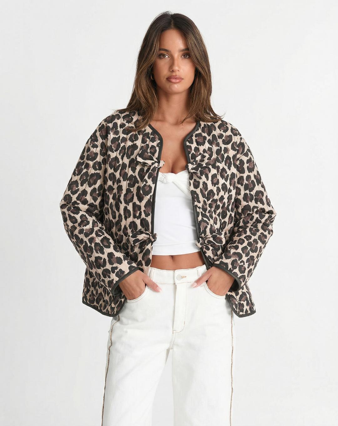 Aria | Quilted Jacket Leopard Print Brown Beige Collarless Zip Up