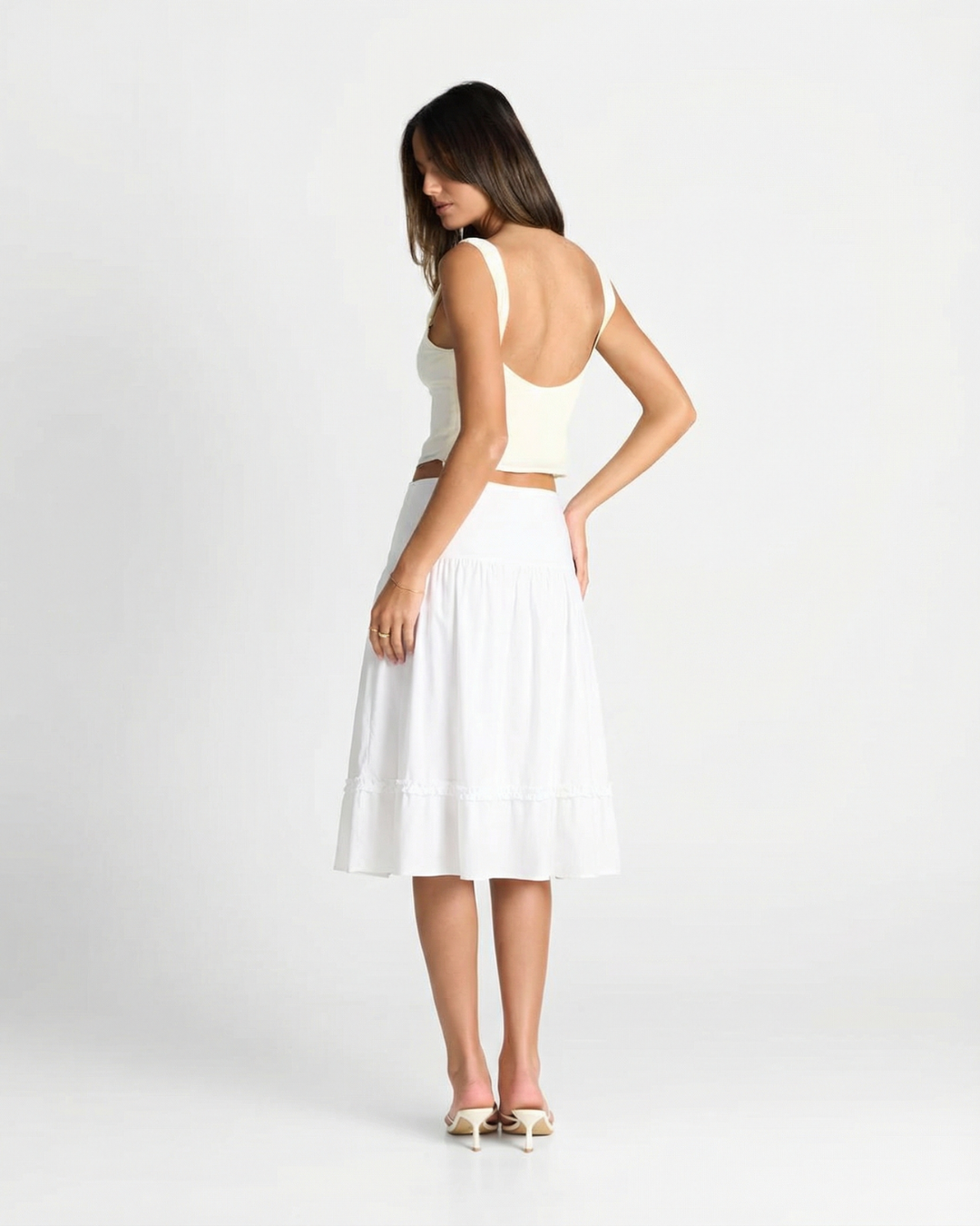 Nell | Summer Tiered Midi Skirt White Cotton A Line