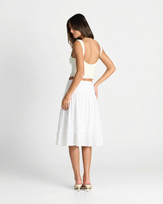 Vera | A Line Tiered Midi Skirt White Cotton High Waisted
