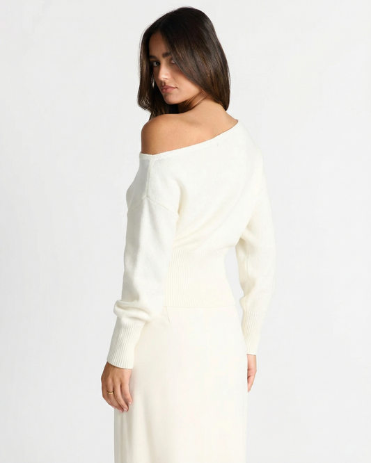 Lucia | Elegant Off Shoulder Sweater Cream Knitted Long Sleeve
