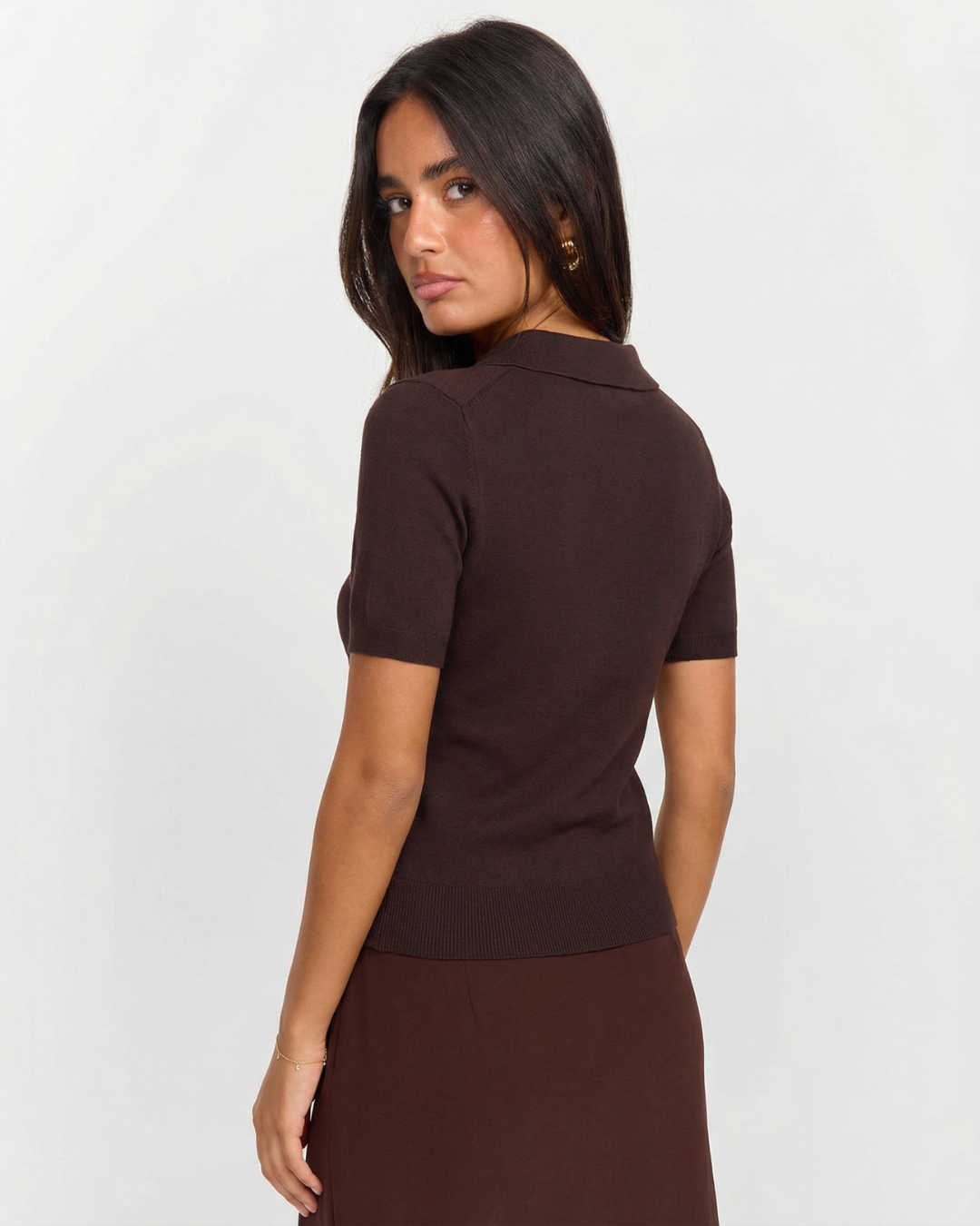 Chloe | Brown Delicate Knit Short Sleeve Polo with Flower Buttons