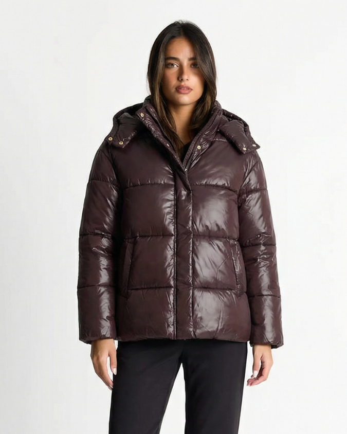 Faye | Winter Puffer Jacket Quilted Brown Hooded Long Sleeve