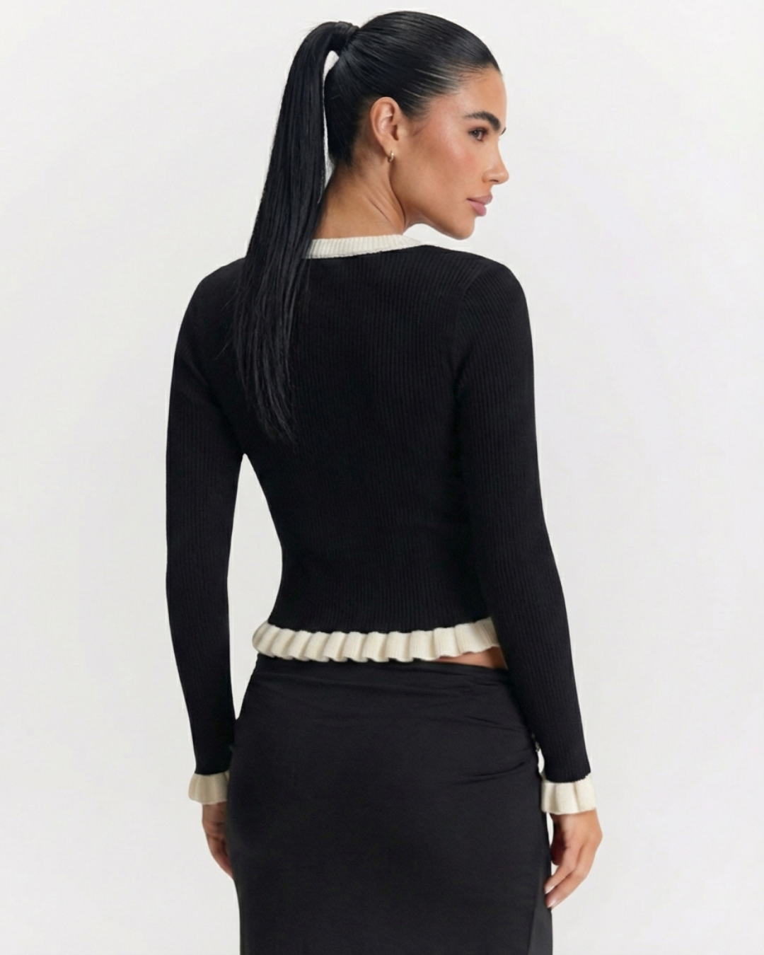 Romy | Elegant V Neck Blouse Black Long Sleeve Ruffle Trim Fitted