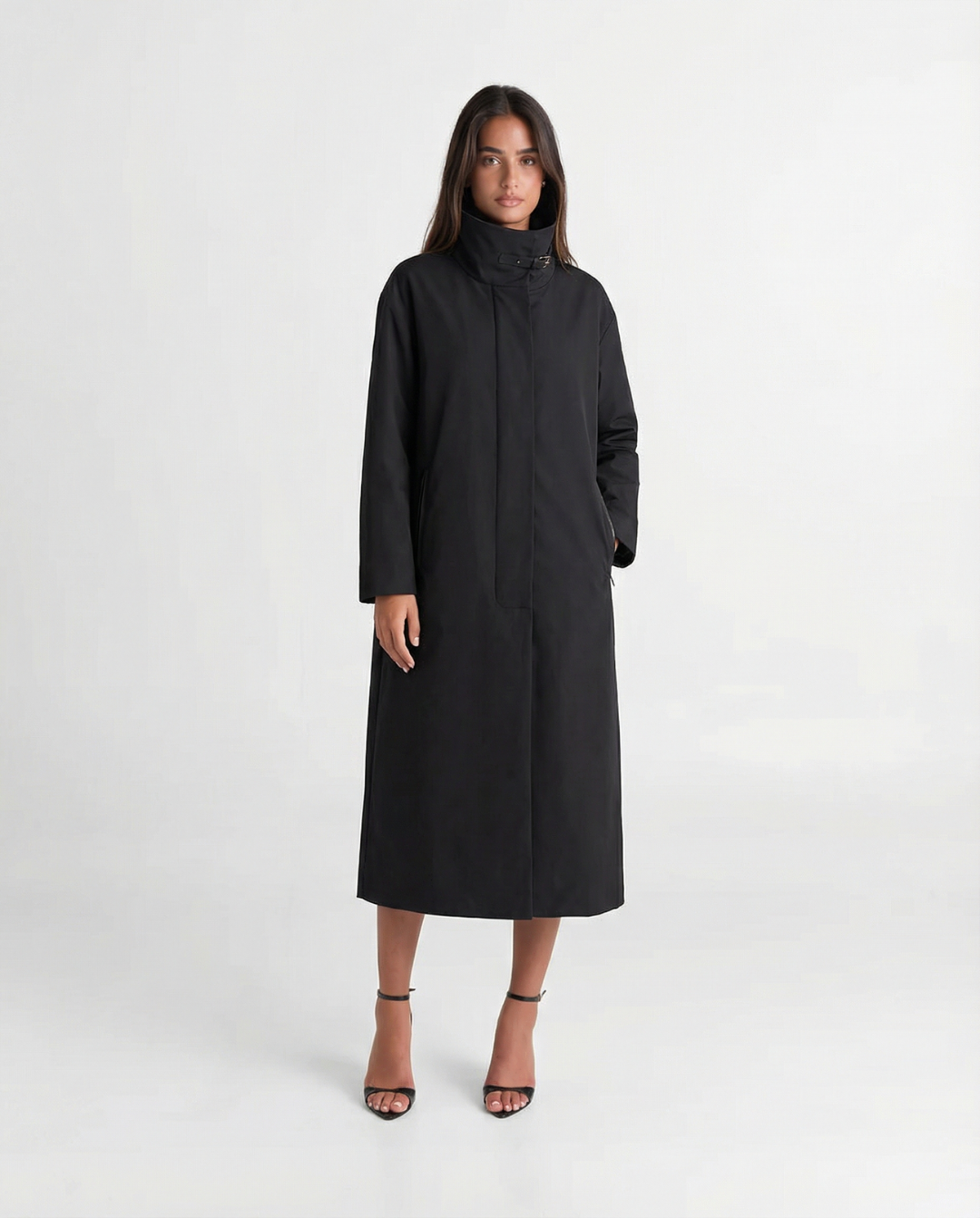Lucia | Elegant Longline Coat Black Zip Up