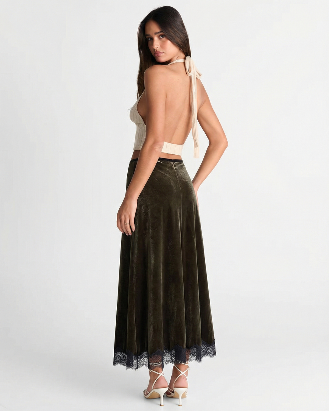 Vera | Velvet Maxi Skirt Olive Green Lace Trim A Line