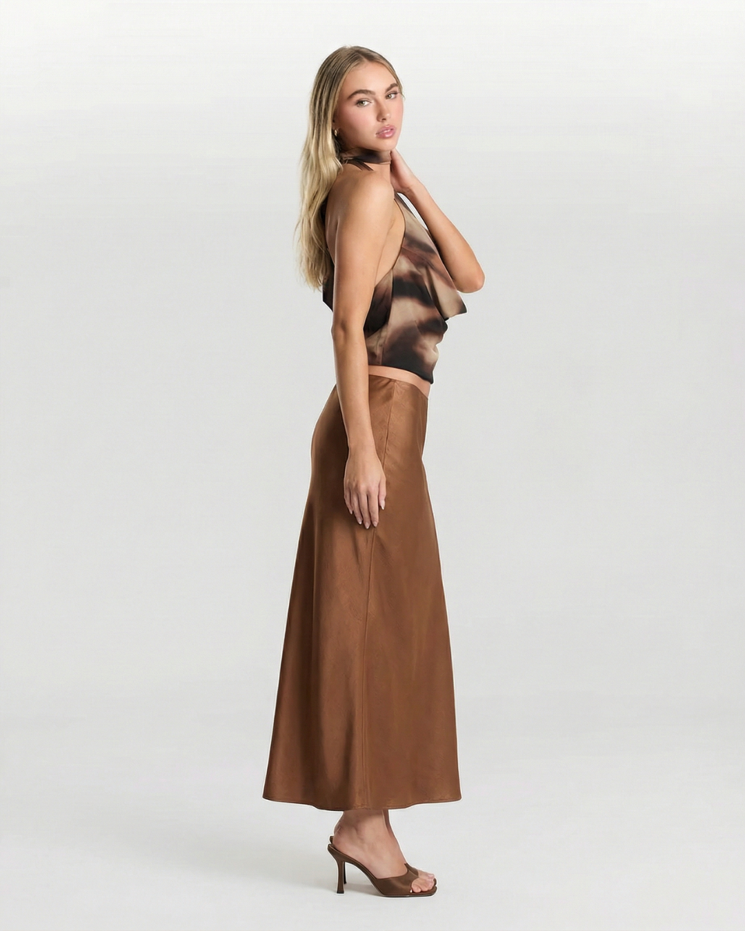 Xena | Elegant Satin Maxi Skirt Brown