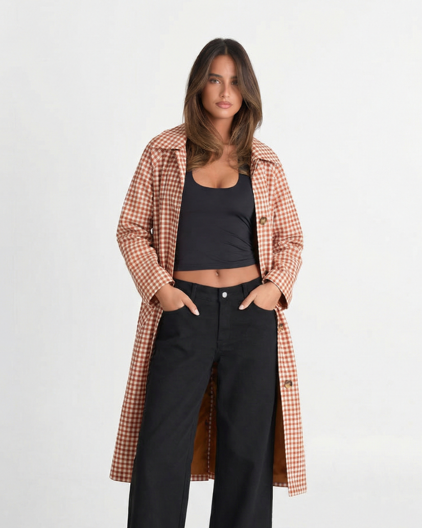 Zuri | Casual Checked Shirt Coat Brown White Long