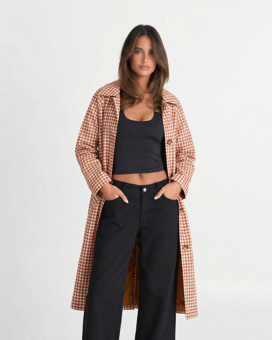 Margot | Plaid Longline Button Up Shirt Coat Rust White