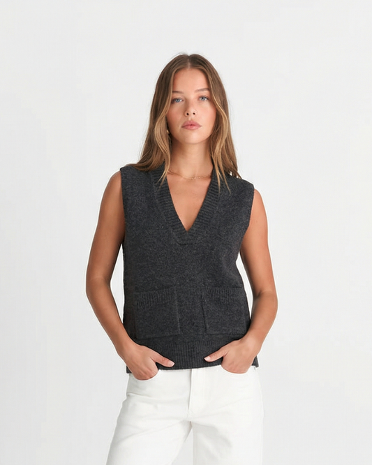 Vera | Sleeveless V Neck Cardigan Charcoal Gray Ribbed Knit