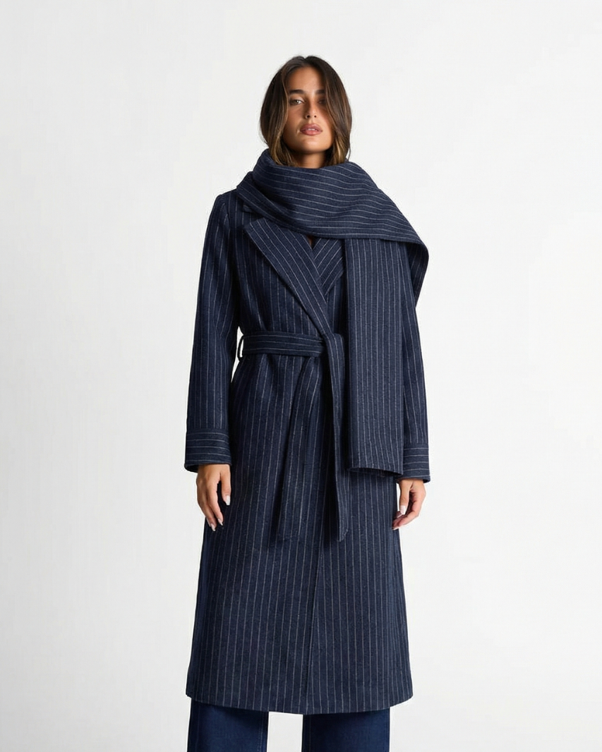Edie | Elegant Pinstripe Tailored Coat Navy Long Belted