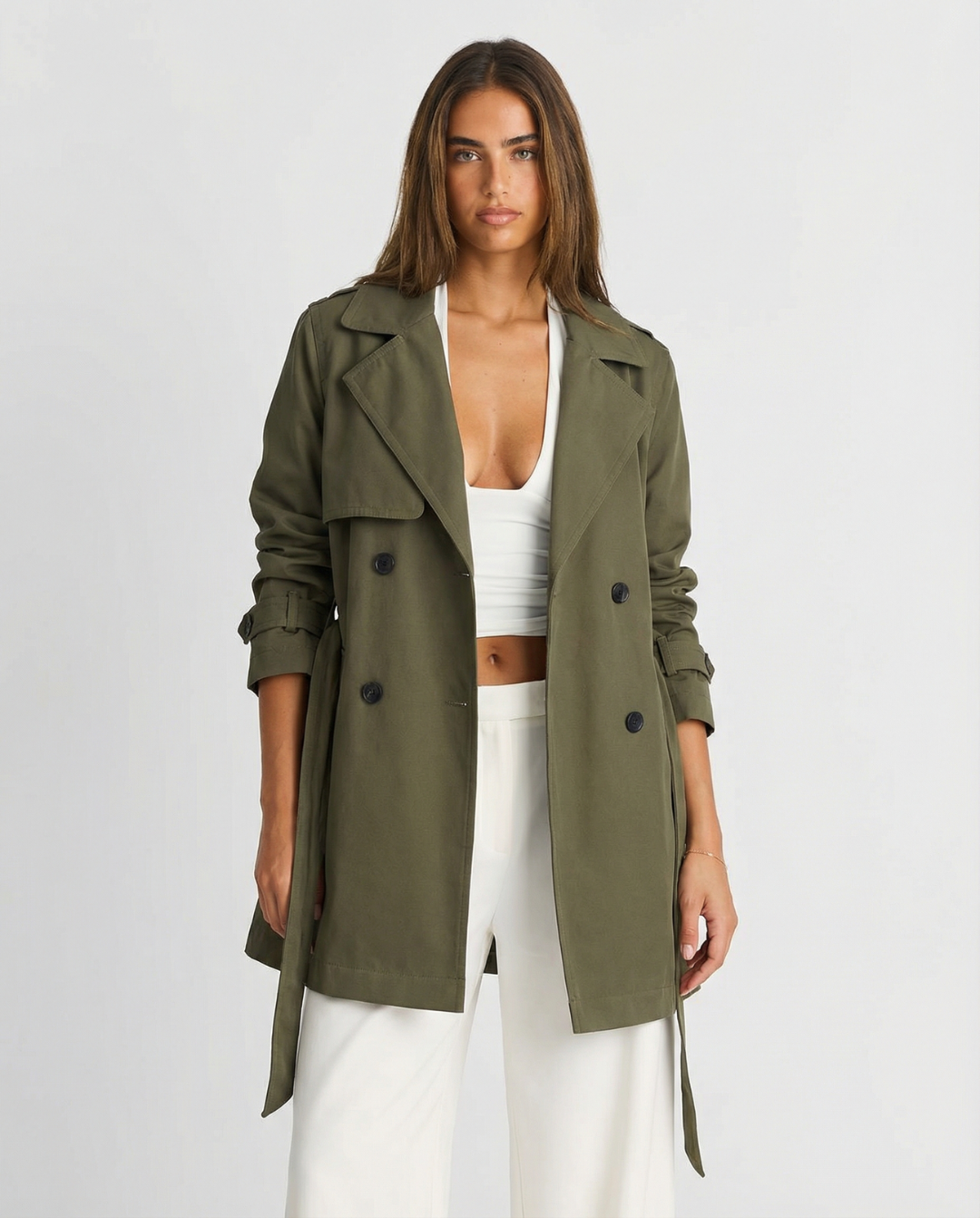 Noa | Smart Casual Double Breasted Trench Jacket Khaki Long