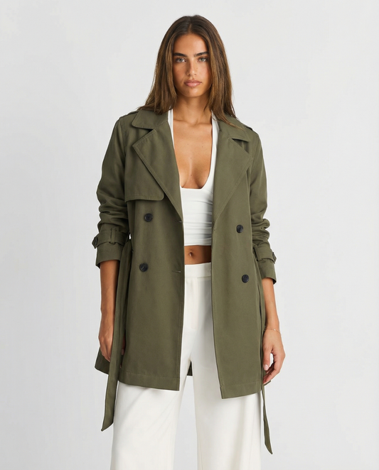 Vera | Trench Coat Olive Double Breasted Belted Long Sleeve