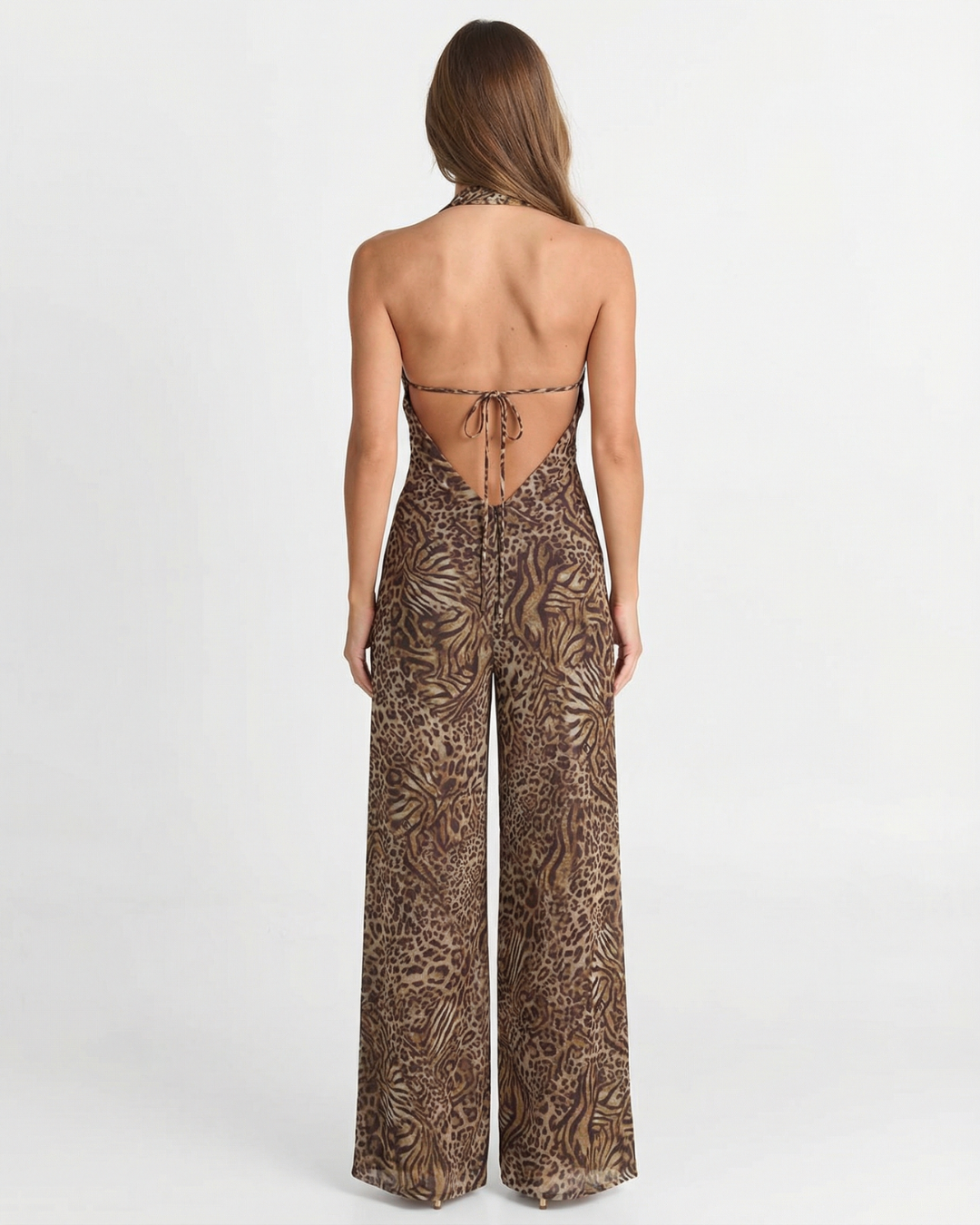 Margot | Leopard Print Jumpsuit Brown Halter Neck Wide Leg
