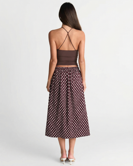 Evie | Polka Dot Midi Skirt Brown A Line High Waisted