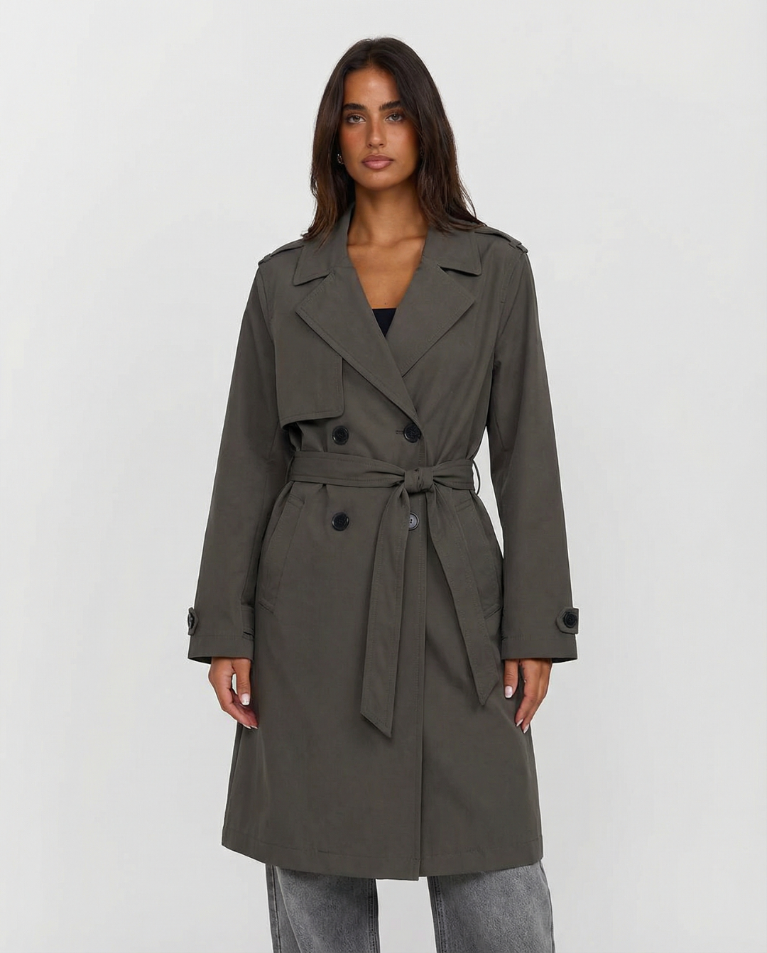 Thea | Belted Trench Coat Olive Double Breasted Long Sleeve