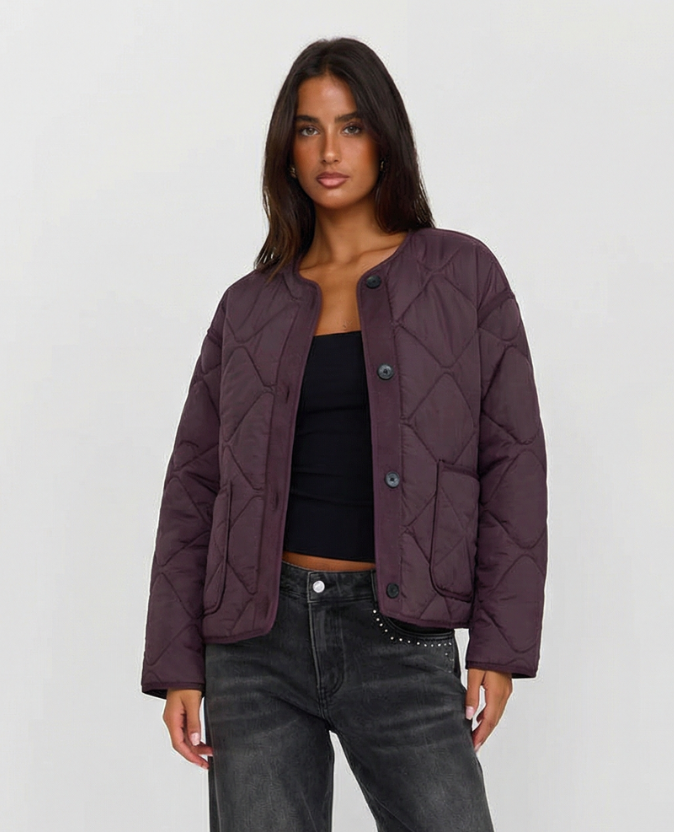 Vera | Autumn Quilted Jacket Purple Collarless Button Front