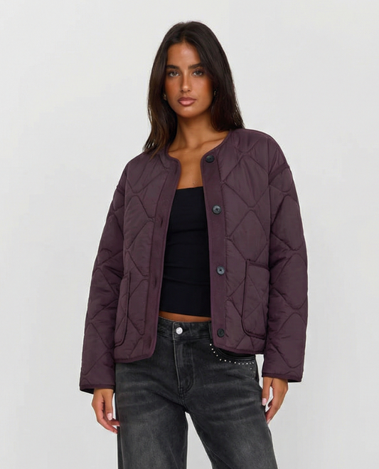 Vera | Autumn Quilted Jacket Purple Collarless Button Front