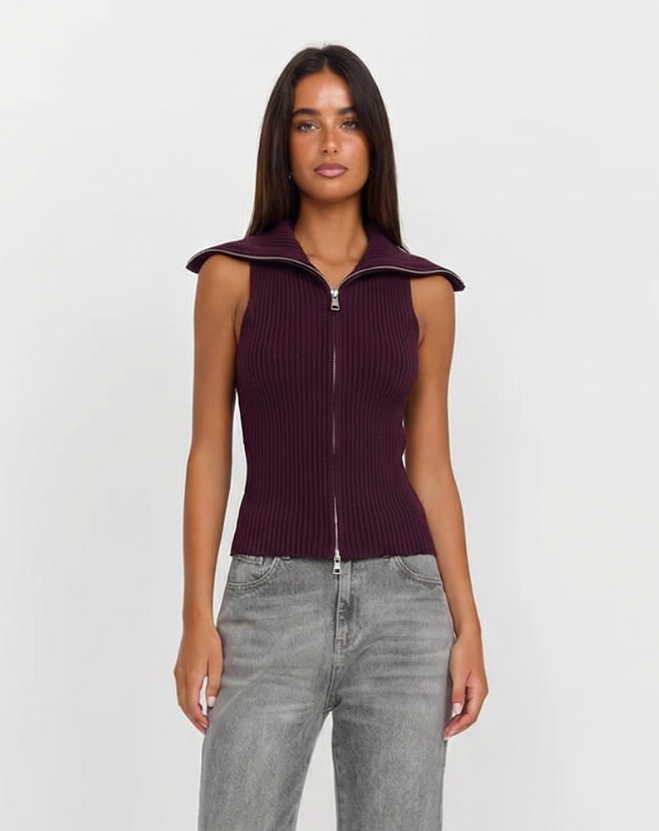 Thea | Ribbed Zip Up Sweater Vest Purple Collared