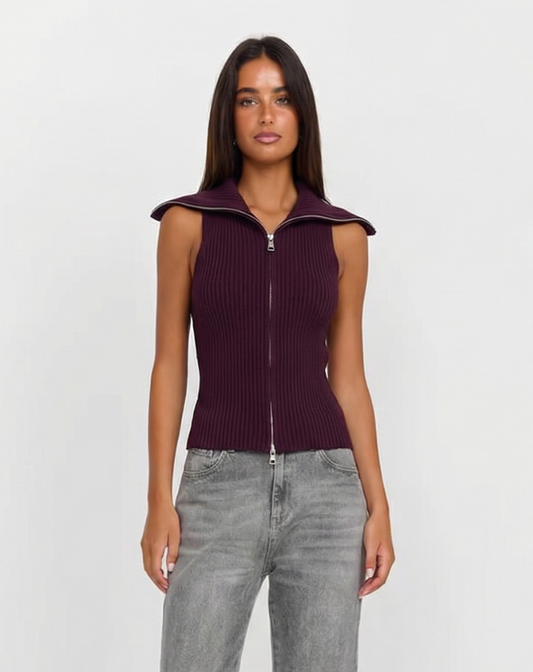Thea | Ribbed Zip Up Sweater Vest Purple Collared