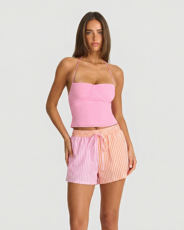 Vera | Striped Linen Shorts Pink Orange Tie Waist