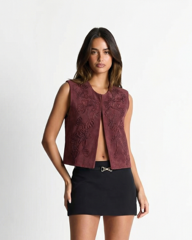 Vera | Embroidered Zip Front Cardigan Burgundy Sleeveless