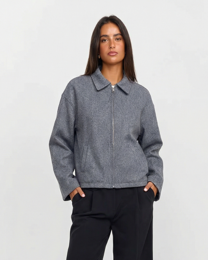 Isla | Casual Grey Fleece Jacket Zip Up Collared Oversized