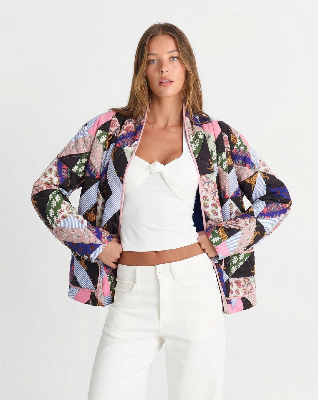 Tess | Quilted Jacket Patchwork Print Oversized Collarless Long Sleeve