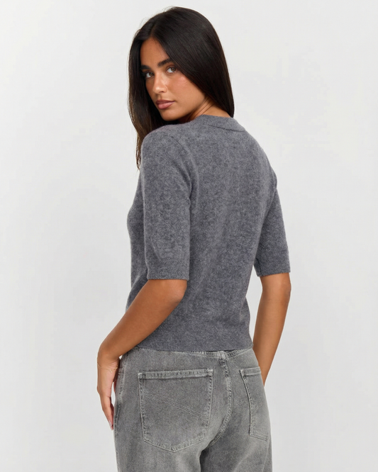 Ruby | Grey Cosy Short Sleeve Knit Polo Cardigan