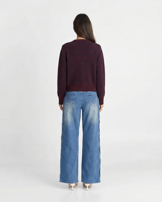 Noa | Striped Cardigan Purple Long Sleeve Knitted Crew Neck Fitted