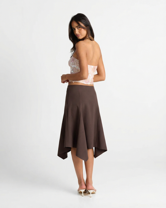 Lyra | Midi Skirt Brown A Line Asymmetric Hem Tailored