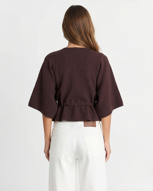 Margot | Relaxed Linen Blouse Brown Short Sleeve Tie Waist