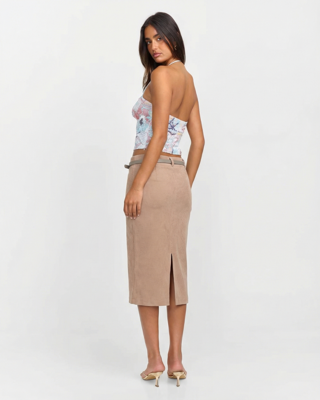 Maren | Midi Skirt Beige Knitted Belted Fitted