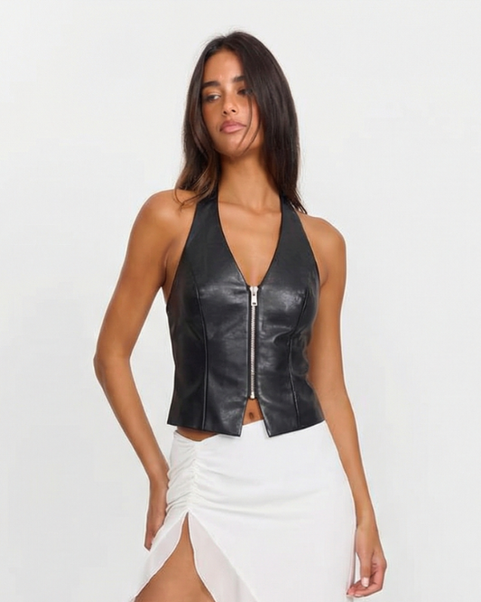 Aria | Halter Neck Top Black Leather Zip Front Corset