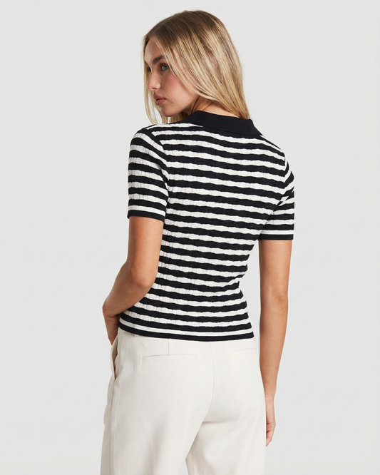 Phoebe | Flattering Ribbed Knit Striped Polo Top