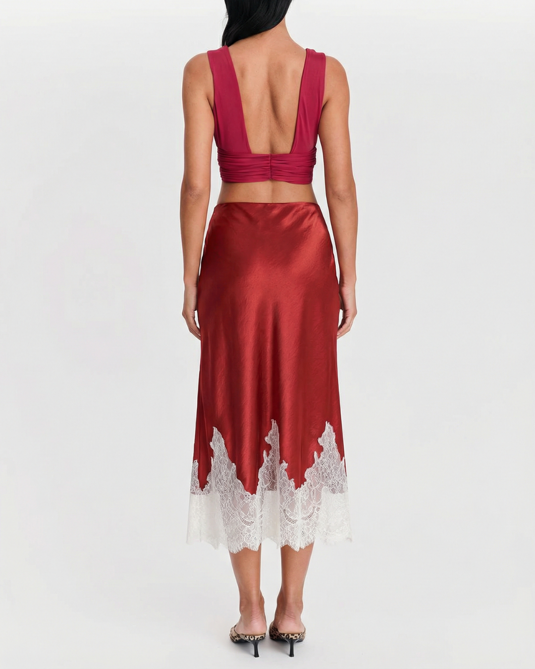 Sia | Elegant Satin Midi Skirt Red Lace Hem Slip
