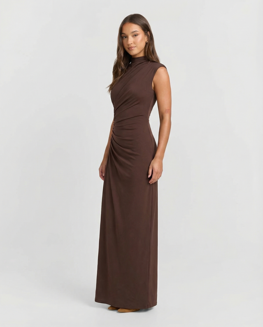 Cara | Elegant Ruched Maxi Dress Brown