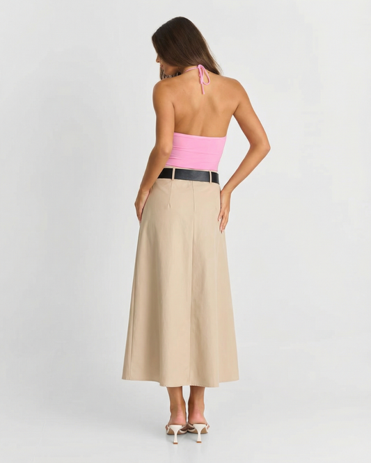 Nola | Elegant Pleated Midi Skirt Beige Belted A Line Tailored