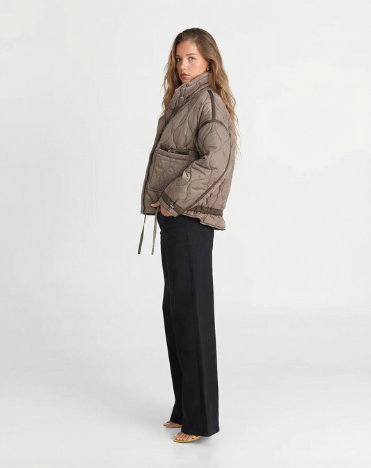 Celine | Quilted Puffer Jacket Beige Hooded Short Padded