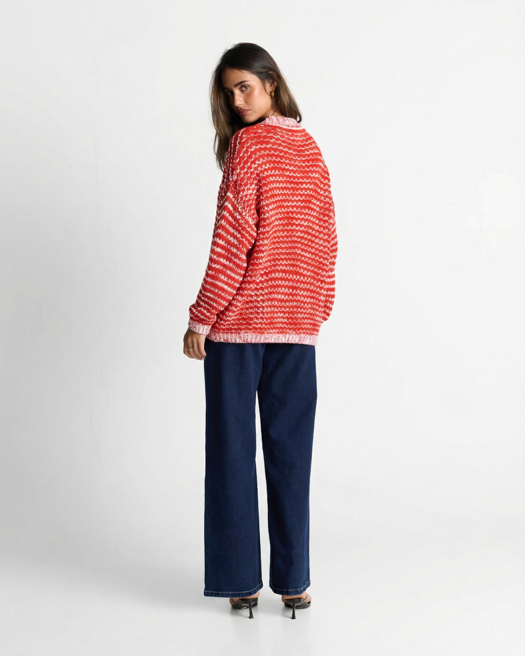 Lily | Red Relaxed Open Knit Striped Hooded Polo Jumper