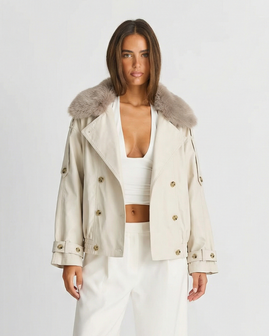 Neve | Double Breasted Trench Coat Cream Faux Fur Collar
