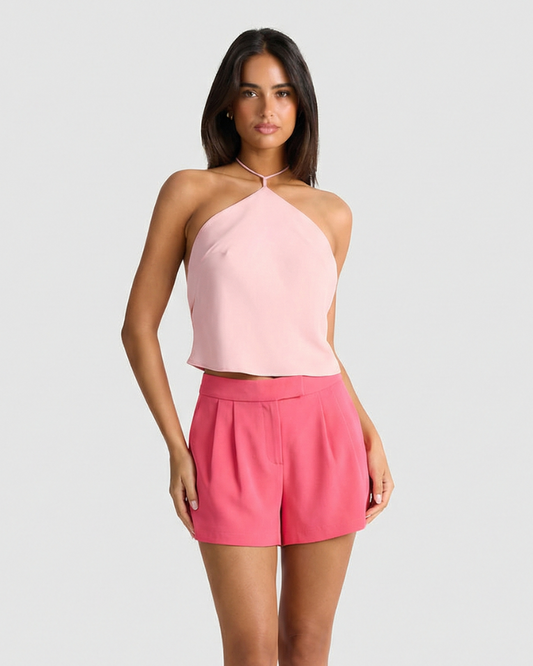 Vera | High Waisted Pleated Shorts Pink Tailored