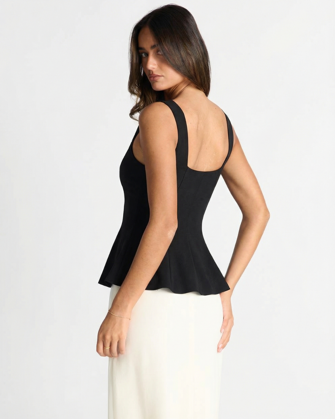 Cleo | Elegant Peplum Top White Sleeveless Square Neck Button Front
